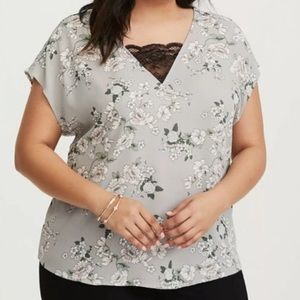 Torrid Floral Print Lace Top Short Sleeve Grey